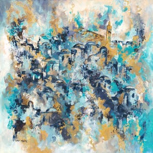 Original Stretched Canvas Painting – Jerusalem of Redemption, Abstract Judaica Art