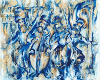 Klezmer Jerusalem Art | Blue White Judaica Canvas | Joyful Jewish Musicians Painting | Signed Limited Edition