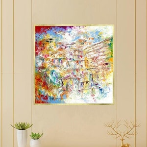 Impresión abstracta de arte mural de Jerusalén: Judaica colorida Giclée, pintura judía moderna, textura de archivo, obra de arte firmada de edición limitada