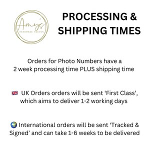 May include: A graphic with the text "PROCESSING & SHIPPING TIMES" and information about processing and shipping times for orders. Orders for photo numbers have a 2-week processing time plus shipping time. UK orders are sent first class and aim to deliver in 1-2 working days. International orders are sent tracked and signed and can take 1-6 weeks to be delivered.