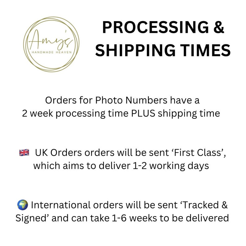 May include: A graphic with the text "PROCESSING & SHIPPING TIMES" and information about processing and shipping times for orders. Orders for photo numbers have a 2-week processing time plus shipping time. UK orders are sent first class and aim to deliver in 1-2 working days. International orders are sent tracked and signed and can take 1-6 weeks to be delivered.