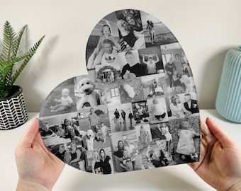 May include: A black and white photo collage in the shape of a heart. The collage features a variety of photos of a family, including children, adults, and a dog.