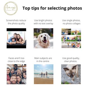 May include: A collage of six images with tips for selecting photos for a product listing. The tips include using bright photos with no text overlay, using single photos and avoiding photo collages, ensuring faces are not too close to the edge, making sure the main subject is in the centre, and using good quality, clear photos.