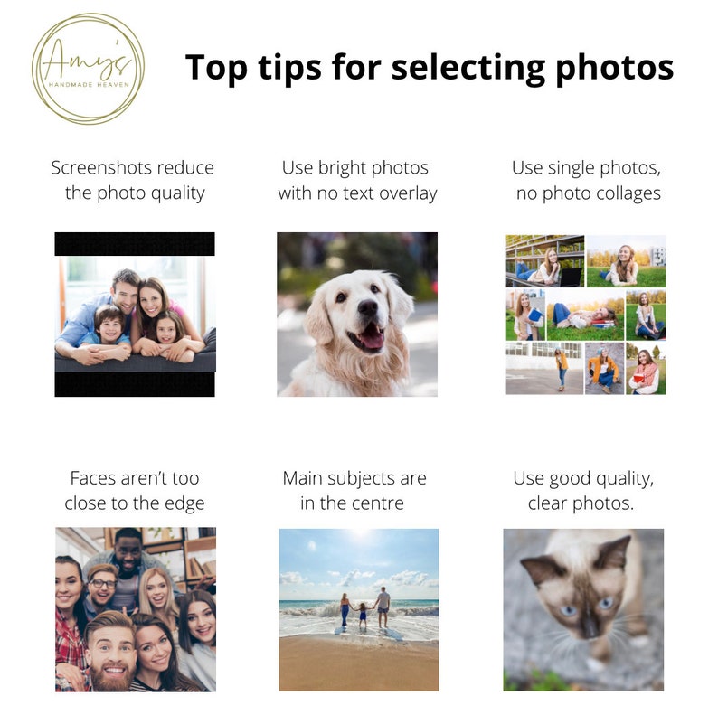 May include: A collage of six images with tips for selecting photos for a product listing. The tips include using bright photos with no text overlay, using single photos and avoiding photo collages, ensuring faces are not too close to the edge, making sure the main subject is in the centre, and using good quality, clear photos.