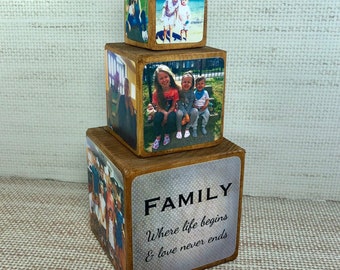 Stacking Photo Cubes, set of 3 cubes, where life begins, family gift, Photo Block, wooden photo block, photo keepsake, wooden block