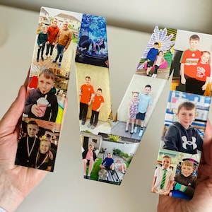 Collage de fotos acrílico de 20 cm con letra inicial personalizada. Regalo fotográfico.
