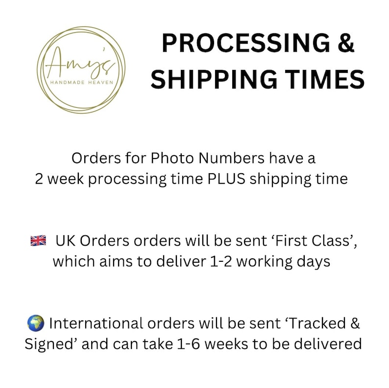 K&ouml;nnte beinhalten: Eine Grafik mit dem Text "PROCESSING & SHIPPING TIMES" und Informationen &uuml;ber die Bearbeitungs- und Versandzeiten f&uuml;r Bestellungen. Bestellungen f&uuml;r Foto-Nummern haben eine Bearbeitungszeit von 2 Wochen plus Versandzeit. Bestellungen aus Gro&szlig;britannien werden per First Class versandt und sollen innerhalb von 1-2 Werktagen geliefert werden. Internationale Bestellungen werden mit Sendungsverfolgung und Unterschrift versandt und k&ouml;nnen 1-6 Wochen dauern, bis sie geliefert werden.