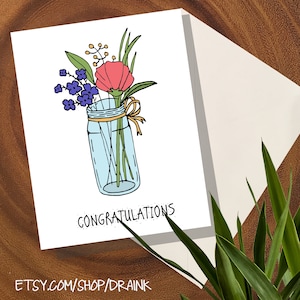 Carte de félicitations en pot Mason avec fleurs / félicitations pour mariage / pendaison de crémaillère / ferme de campagne