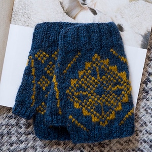 May include: A pair of blue knitted fingerless gloves with a yellow geometric pattern. The gloves are made of a soft, warm wool blend.