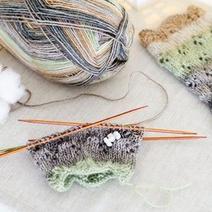 May include: A close-up of a knitting project with a ball of yarn, knitting needles, and a partially knitted sock. The yarn is a mix of brown, green, and gray colors. The sock is also a mix of brown, green, and gray colors. The knitting needles are wooden and are resting on a white surface.