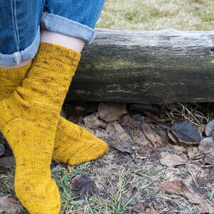K&ouml;nnte beinhalten: Ein Paar gelbe Stricksocken mit einem strukturierten Muster. Die Socken werden von einer Person getragen, die auf einem Baumstamm mit heruntergefallenen Bl&auml;ttern sitzt.