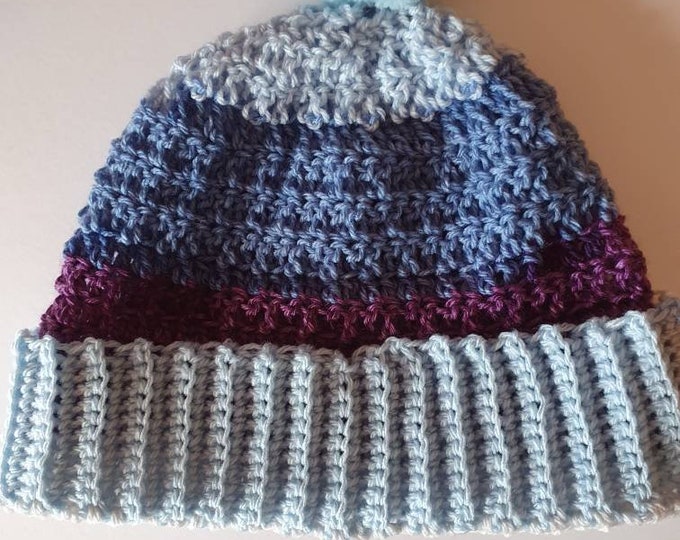 Crochet hat, handmade crochet hat, unique hat, one-off hat, blue purple light grey hat, handmade beanie hat, crochet had in variegated yarn