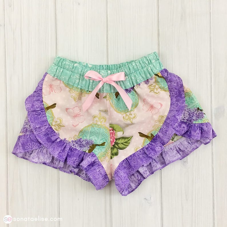 Toddler Shorts Ruffle Shorts Tulip Shorts Girls Ruffle Shorts Pink Peonies & Lilacs image 1