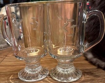 Princess House Heritage Footed Irish coffee mugs set of 2 Etched Vintage clear