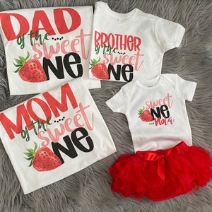 Sweet One Strawberry Birthday outfit.  Family Party Shirts. Smash Cake Bodysuit. Strawberry Birthday Theme.  Baby girl first birthday.