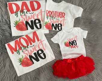 Sweet One Strawberry Birthday outfit.  Family Party Shirts. Smash Cake Bodysuit. Strawberry Birthday Theme.  Baby girl first birthday.