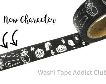 May include: Black washi tape with white Halloween-themed illustrations, including a vampire, pumpkin, ghost, and spider. The text "New Character" is above the tape, and "Washi Tape Addict Club" is below. Ideal for crafting and scrapbooking.