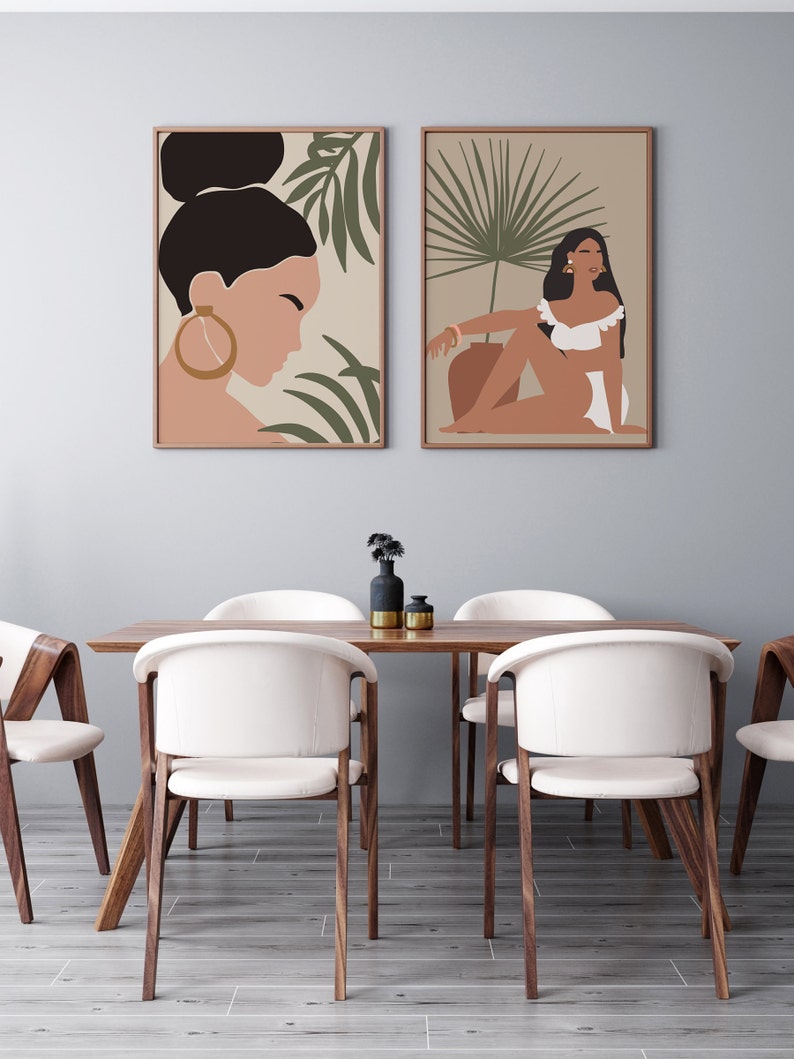 Abstract Set of 2 Prints Boho Modern Art Print Set Modern Gallery Botanical Leaf Printable Art Abstract Woman Portrait Wall Art
