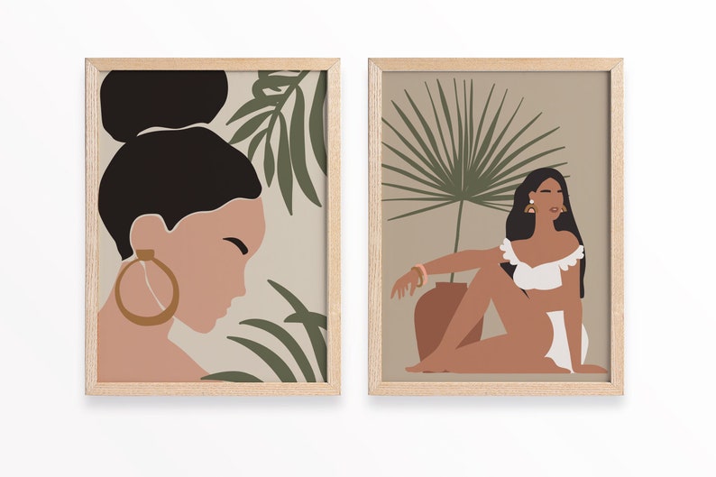 Abstract Set of 2 Prints Boho Modern Art Print Set Modern Gallery Botanical Leaf Printable Art Abstract Woman Portrait Wall Art