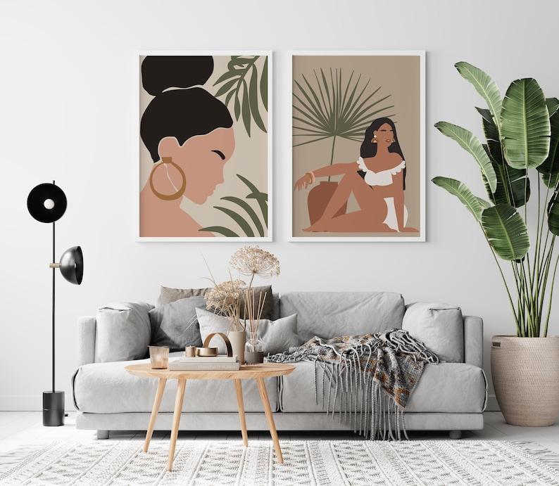 Abstract Set of 2 Prints Boho Modern Art Print Set Modern Gallery Botanical Leaf Printable Art Abstract Woman Portrait Wall Art