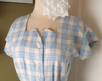 40's Dress Blue Plaid Day Dress One-Of-A-Kind M Short Sleeve Rayon A-line Handmade Below-the-Knee Button Front with Matching Belt Pockets