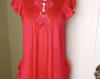 Vintage 1960's Night Gown Short Babydoll Style Red Small Nylon Lace Cap Sleeves Sleeves High Cut Ruffle Hem Sweet and Sexy Pin-up