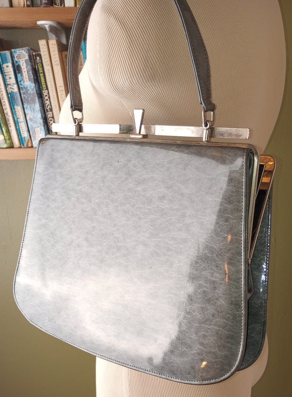 Vintage 50's 60's Purse Handbag Flat Gray Glossy … - image 3