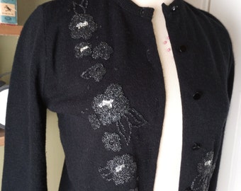 Vintage 50's Beaded Cardigan Sweater Black Acrylic Small Long Sleeve