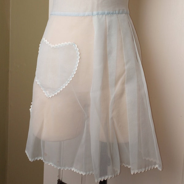 Vintage 50's Apron Sheer Blue Sweet Sexy Pin-up Housewife Small Heart Pocket