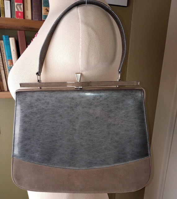 Vintage 50's 60's Purse Handbag Flat Gray Glossy … - image 2