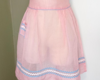 Vintage 50's Hostess Apron Sheer Pink Kitchen Pin-up Style Rick Rack Trim Details Pocket Charming Sexy Housewife