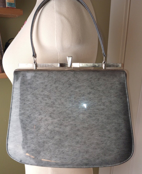 Vintage 50's 60's Purse Handbag Flat Gray Glossy … - image 4