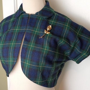 50&#39;s Cropped Bolero Jacket Wool Navy Blue Plaid Handmade One-of-a-Kind Short Sleeves Unlined Peter Pan Collar With Matching Hat Pin-up