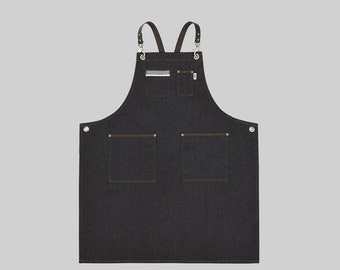 EVENT Free Personalized Denim Apron For Men • Custom Mens Gift • Cross Back Straps • Barista / Café  • Back Buckle Apron with Pockets