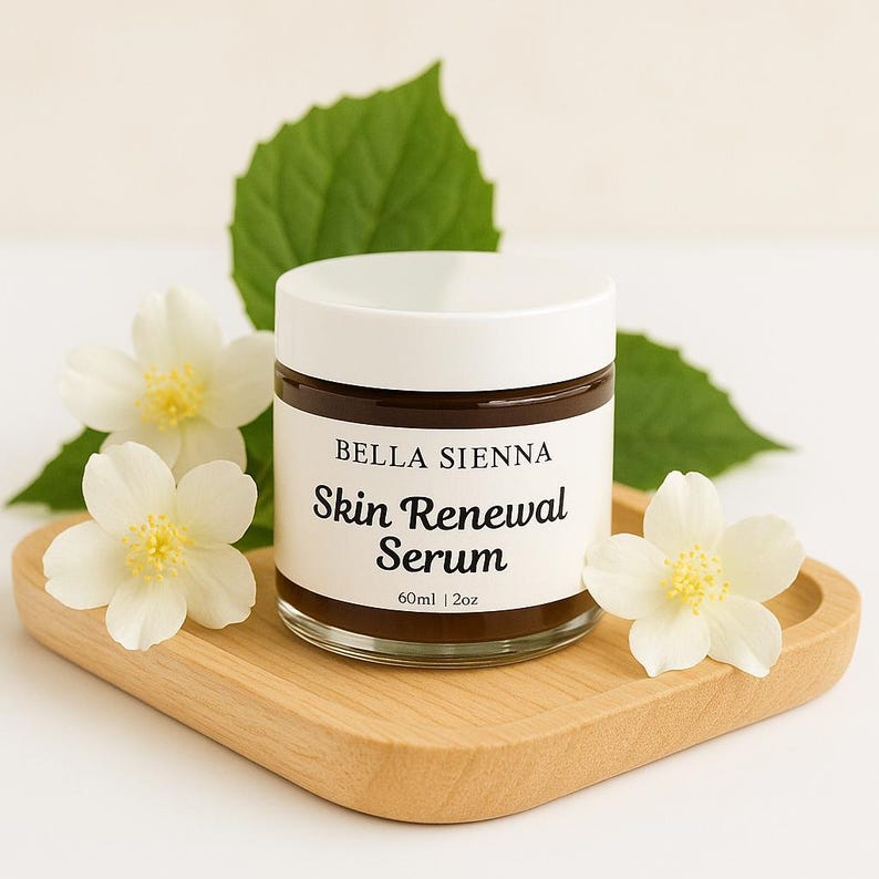 May include: A glass jar of Bella Sienna Skin Renewal Serum with a white lid, set on a wooden tray. The label reads "Skin Renewal Serum" and "60ml | 2oz". White flowers and green leaves surround the jar.