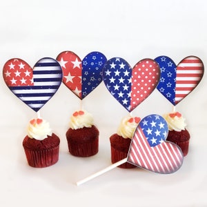 4th of July cupcake toppers, Printable 4th of July toppers, 4th of july party, Printable 4th of July decor, Printable july 4th heart toppers
