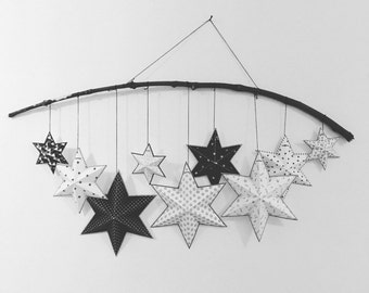 Monochrome nursery decor, Printable stars decorations for kids room, DIY stars garland or mobile, Monochrome baby room decor.