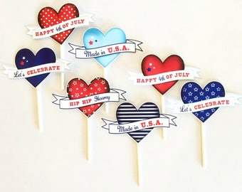 4 juli Hjärtformade Cupcake Toppers, Patriotisk Festdekoration (Digital Nedladdning)