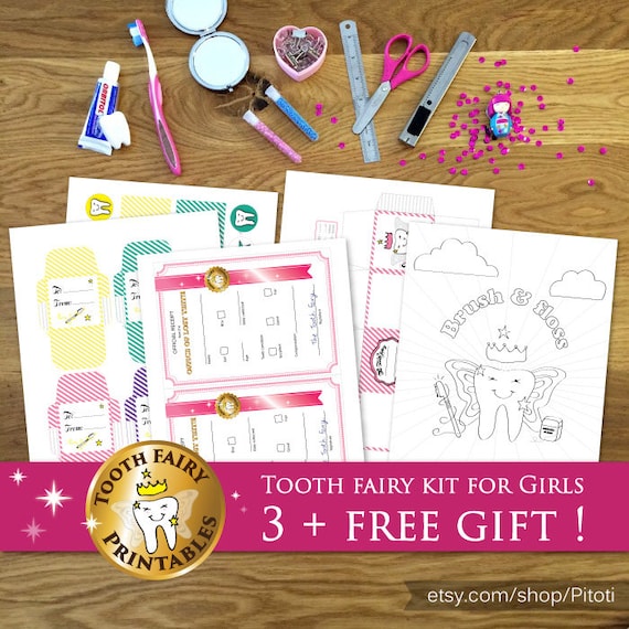 Tooth fairy kit for girls: printable diy Tooth fairy box, colorful letters and envelope, Tooth fairy receipt plus free gift coloring poster! Il_570xn