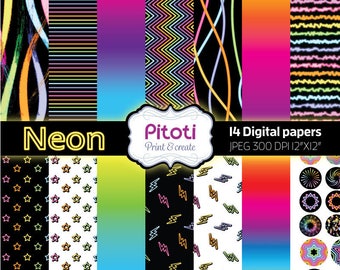 Digital paper, Neon digital paper pack, Neon digital scrapbook paper, Neon paper pack, Neon scrapbook, Neon digital paper kit.