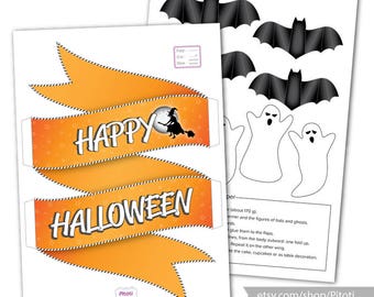 Halloween Cake Topper, Printable Halloween decor, Halloween ghost and bats, Cute Halloween party decor, Printable cake topper for Halloween