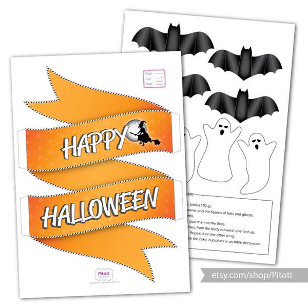 Halloween Cake Topper, Printable Halloween decor, Halloween ghost and bats, Cute Halloween party decor, Printable cake topper for Halloween