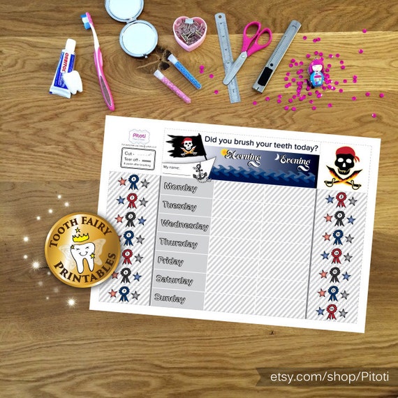Teeth brushing chart for boys pirate style! Kids behavior chart, instant download printable chart, reward chart. Il_570xn