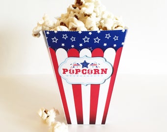 Boîtes de pop-corn du 4 juillet, modèle de sacs de pop-corn, sac de faveur du 4 juillet, décor du 4 juillet, boîte de pop-corn imprimable, téléchargement immédiat