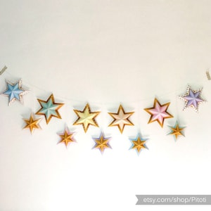 Star garland, Printable stars garland, Printable party decor, Printable decorations, Gold and pastel party garland, 3D paper stars garland.