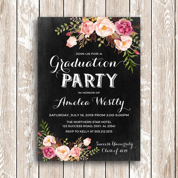 floral graduation invitation printable chalkboard graduation etsy