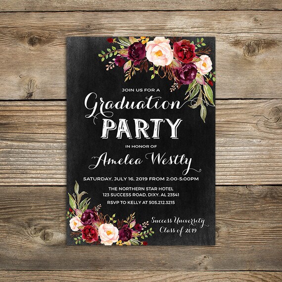 burgundy floral graduation invitation printable chalkboard etsy