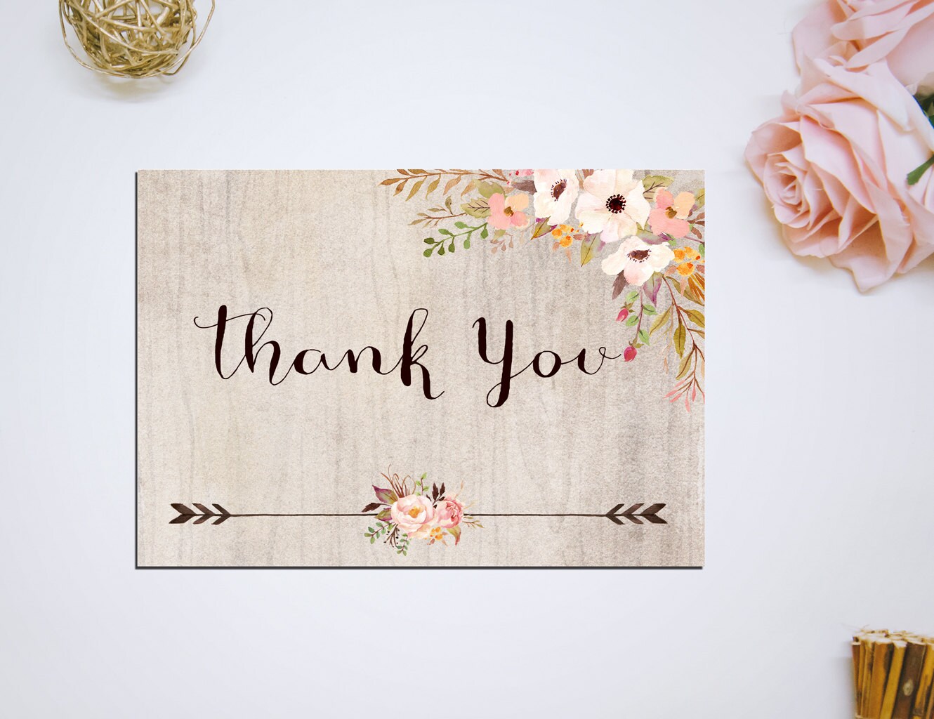 Printable Rustic Floral Thank you Card Bridal Shower Digital Etsy