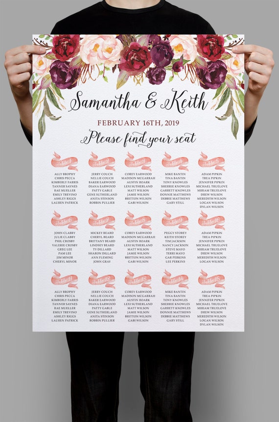 printable wedding seating chart burgundy purple and pink etsy