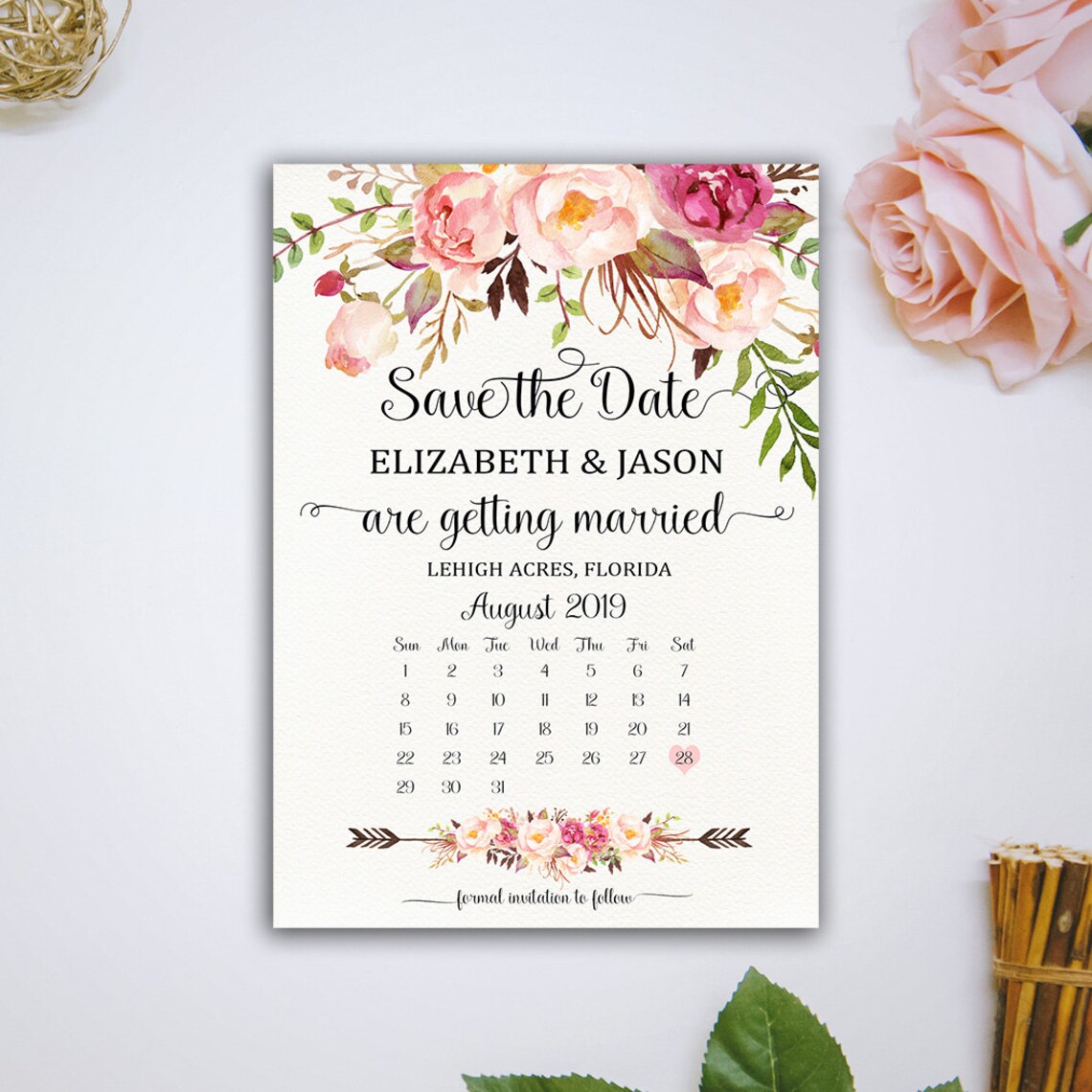 Save the Date Card Calendar Printable Boho floral Wedding Etsy